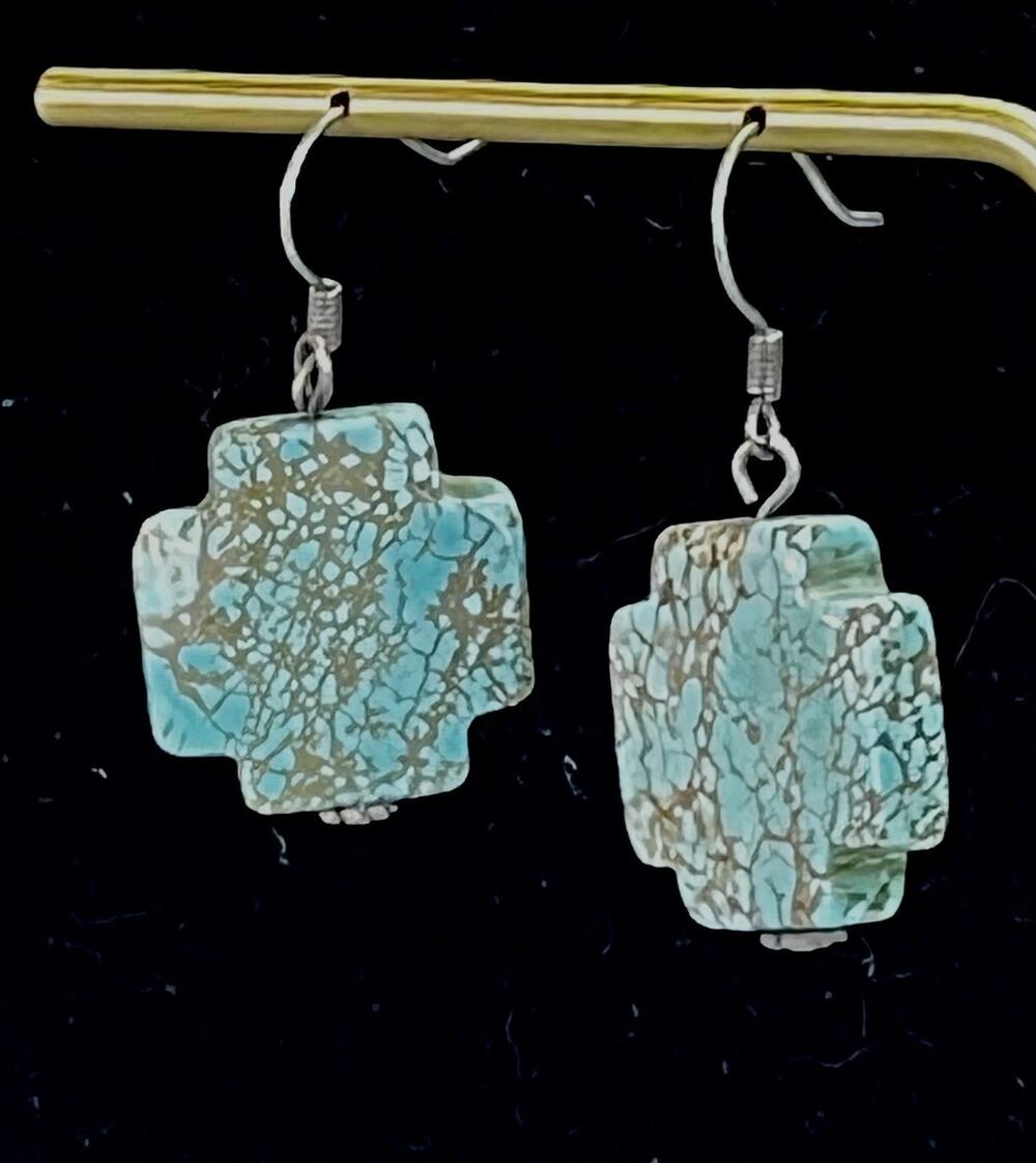 Vintage Sterling Silver Turquoise Howlite Cross Dangle Hook Earrings - 9.8g
